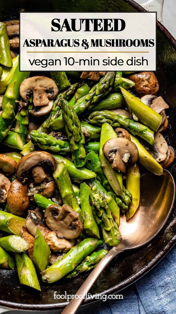 asparagus and mushrooms in a skillet with a spoon