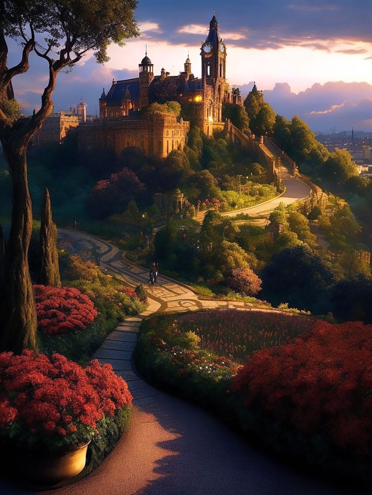 a castle on top of a hill surrounded by trees and flowers