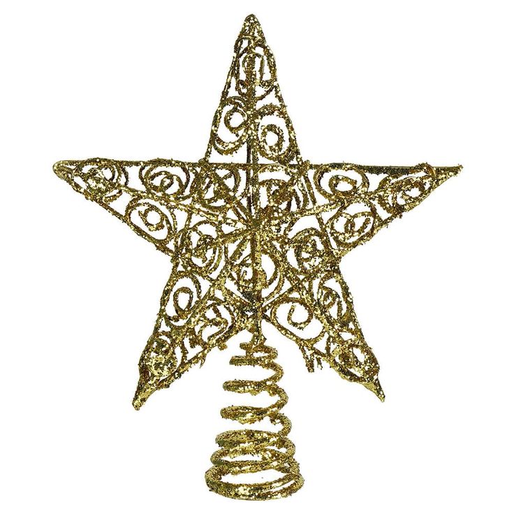 a gold christmas ornament with spirals on the bottom and a star in the middle