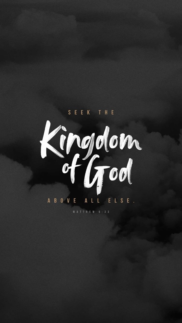 the title for kingdom of god, written in white on a black background with clouds