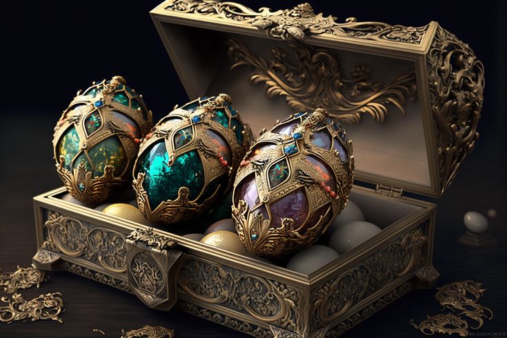 three ornately decorated eggs sit in an open box on a dark surface with gold filigrees