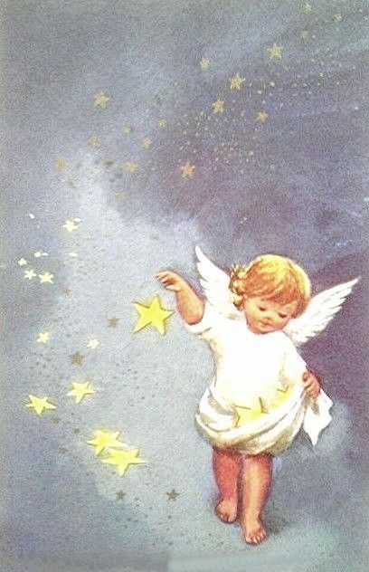 an angel with stars flying in the sky above it's head and wings,