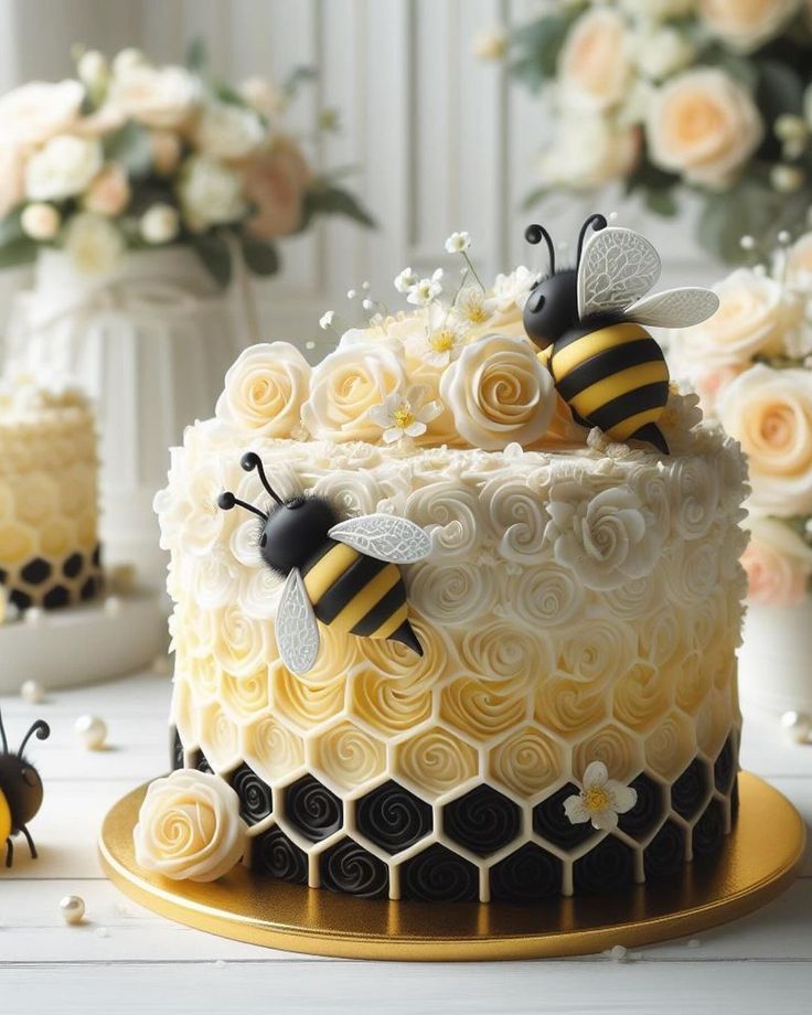 there is a cake decorated with flowers and bees on the top, along with two smaller cakes