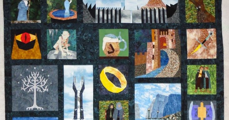 a quilt with pictures of people and animals on it's sides, all in different colors