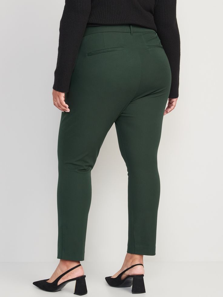 The Pixie pants you love, now in a more fabulous fit & fabric ✨ High-rise waistband, with hidden double hook-and-bar closure and interior button closure.  Hidden zip fly.  Diagonal pockets at front, with decorative welt faux pockets at back.  Smoot Green Business Casual Bottoms For Fall, Fall Business Casual Green Bottoms, Trendy High-waisted Dress Pants With Belt Loops, Green Mid-rise Pants For Work, Green Mid-rise Bottoms For Work, Green Bottoms With Zipper Closure For Fall, Stretch Tapered Leg Dress Pants With Belt Loops, Trendy Pants With Belt Loops For Office, Trendy Office Dress Pants With Belt Loops