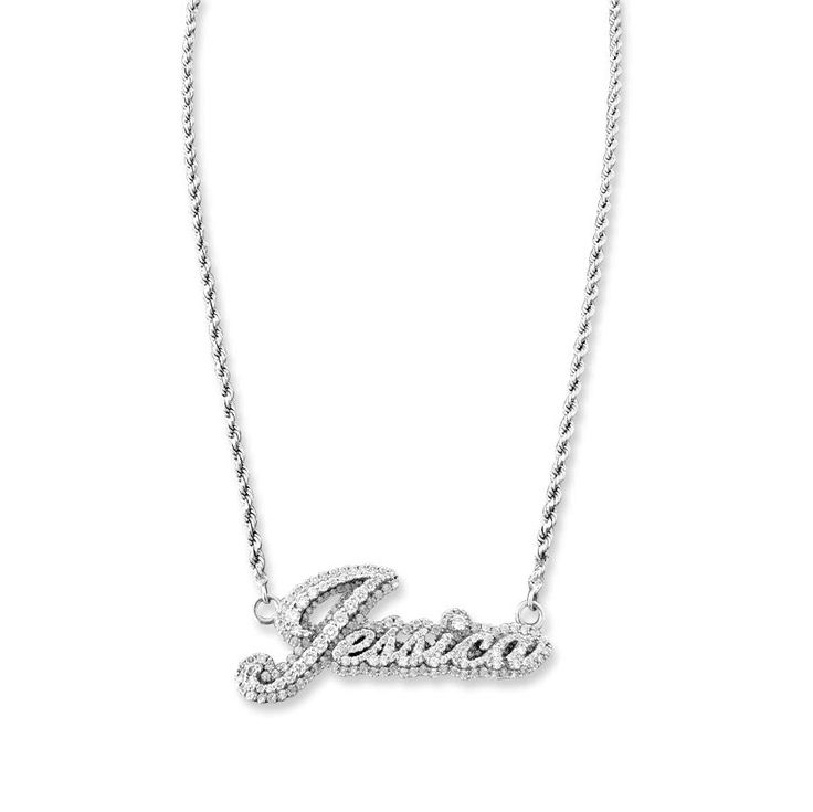 This Diamond nameplate necklace is a stunning piece of jewelry that is sure to turn heads. Made from the finest 14k gold, this necklace features a personalized nameplate adorned with dazzling diamonds that sparkle and shine in the light. The nameplate is carefully crafted to showcase the name of your choice, making it a truly unique and special piece. The delicate chain adds a touch of elegance to this already beautiful piece, making it perfect for any occasion. Whether you're looking for a spec Diamond Name Plate Necklace, 2000s Name Necklace, Diamond Name Necklace, Jewelry Text, Birthday Outfit For Teens, Name Chain, 17 Birthday, Nameplate Necklace Silver, Dope Jewelry Accessories