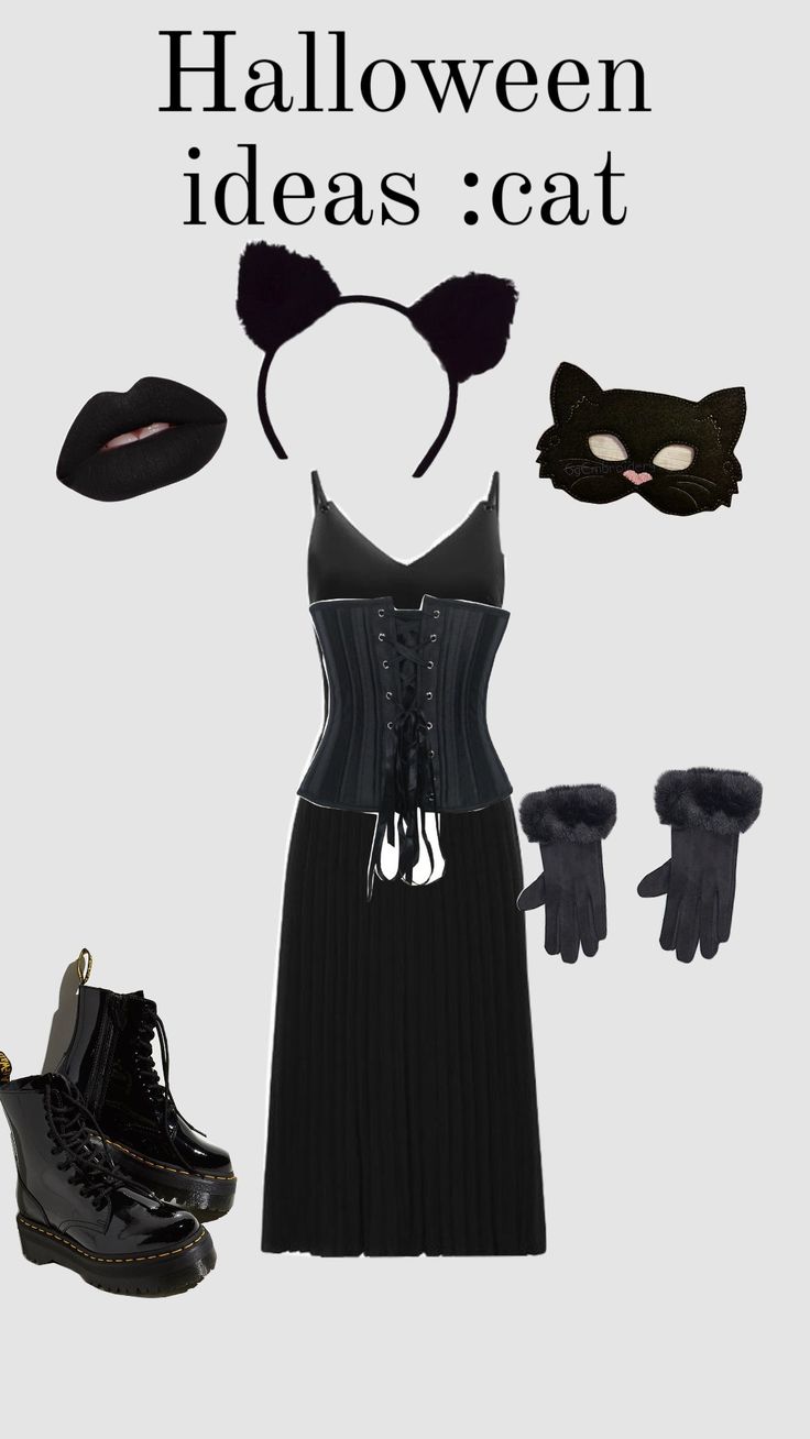 a black dress and hat with cat ears on it, including gloves, boots and headbands