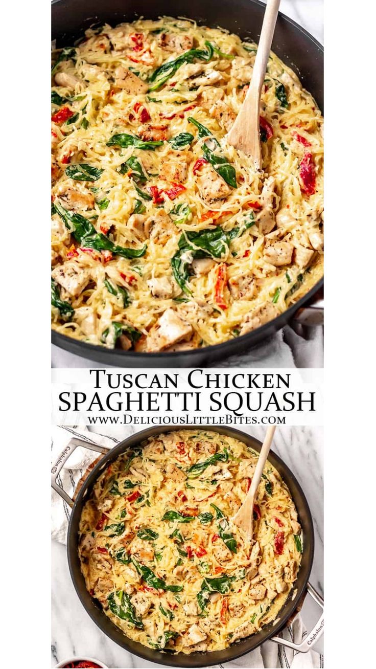 two pictures showing different types of chicken and spaghetti in a skillet with wooden spoons