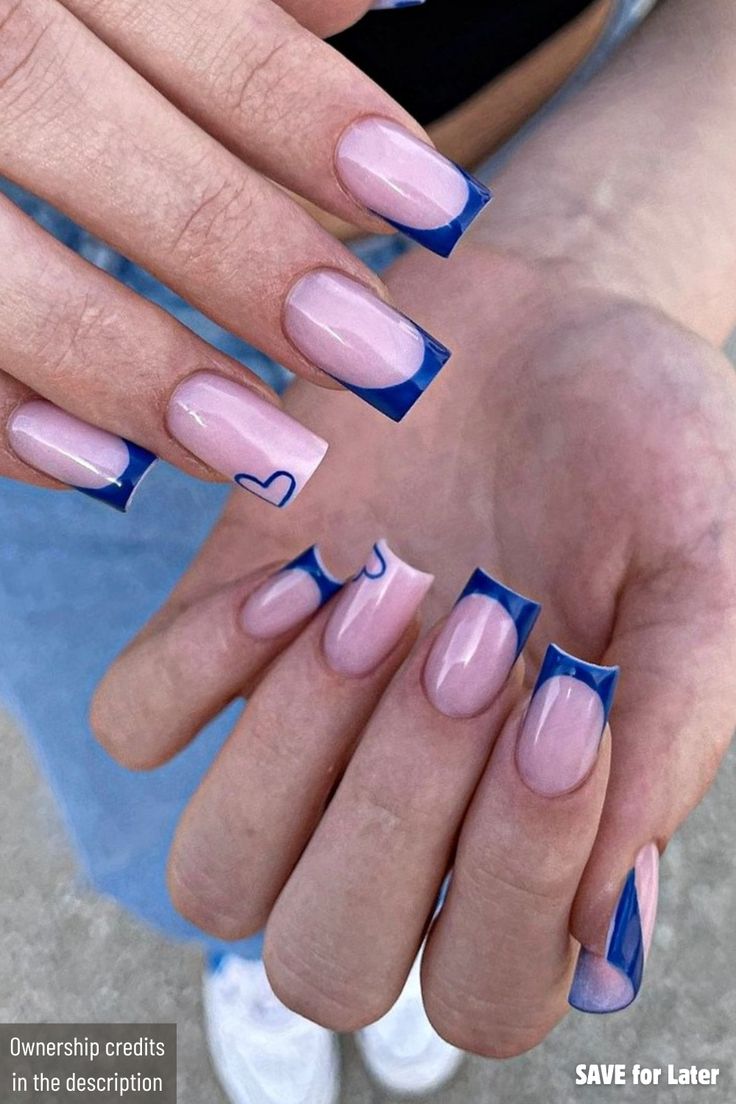 French Nail Designs Blue, Medium Length Nails Acrylic Almond Designs, French Tips Blue Nails, Cute Nails Acrylic 2024 Simple Winter, French Nails With Blue Heart, Blue Nails With Pink Design, Dark Blue Nails Rhinestone, Cute Royal Blue Nails Short, French Flag Nails