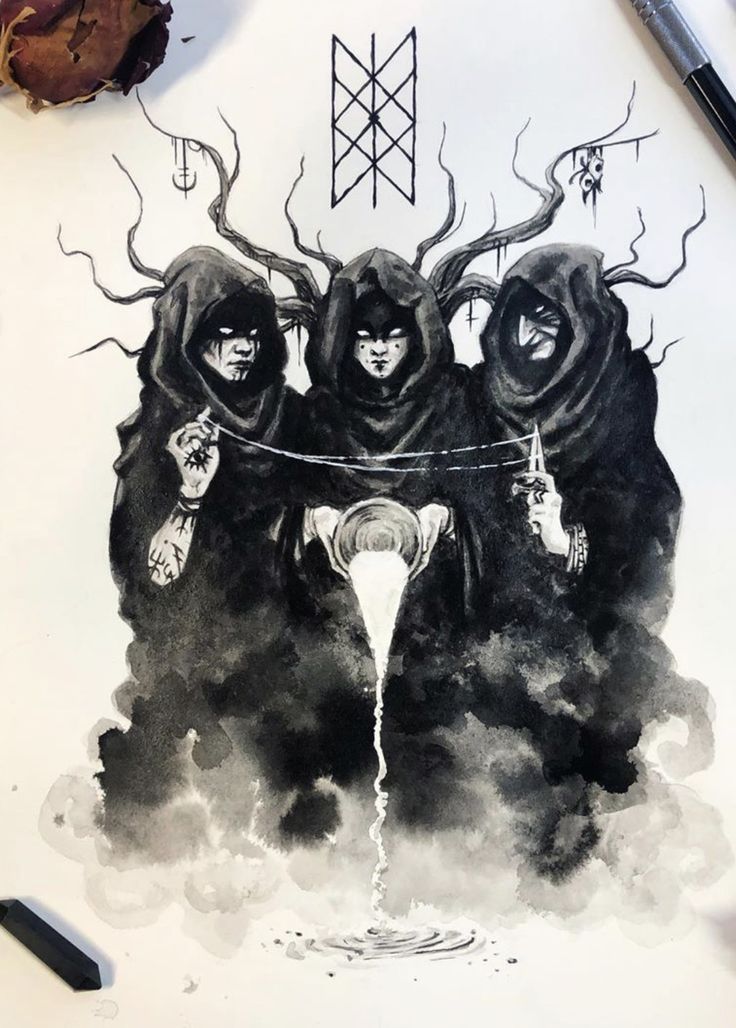 an ink drawing of three people in black robes