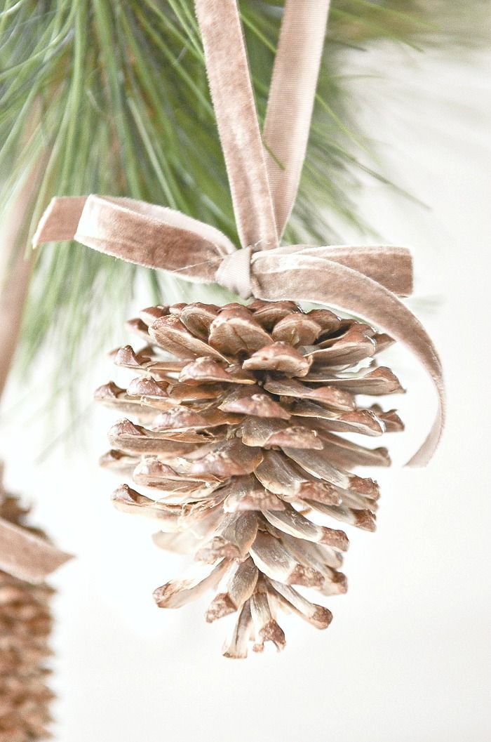 a pine cone ornament hanging from a christmas tree branch with ribbon and bow