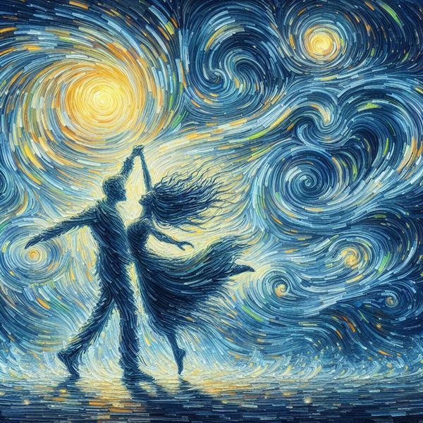 a painting of two people dancing in front of a starr sky with the sun behind them