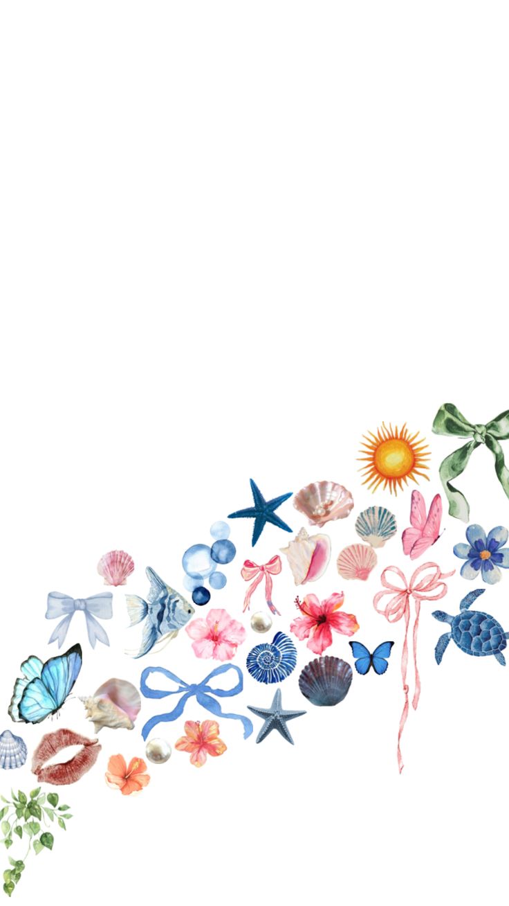 an image of sea shells and flowers on a white background