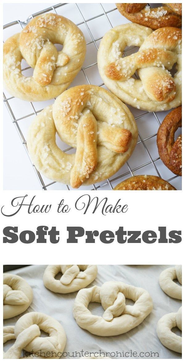 soft pretzels on a cooling rack with the words how to make soft pretzels