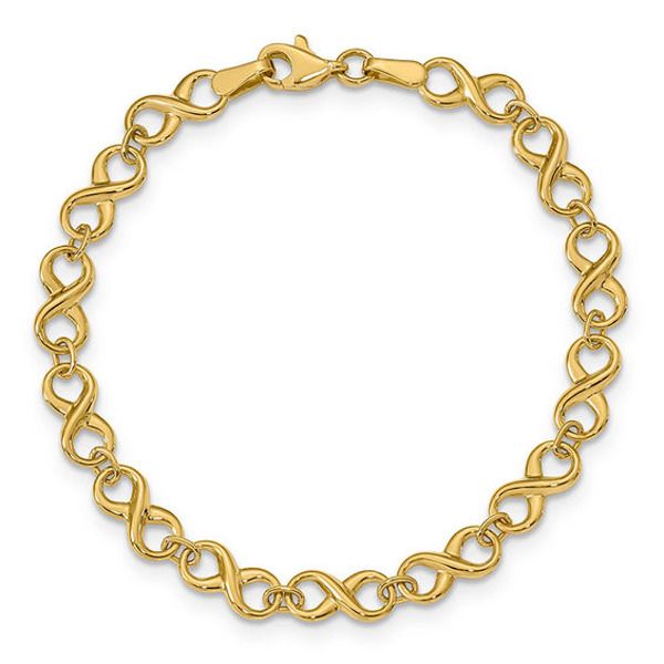 Surprise her with a gift that says forever with this sophisticated infinity link bracelet. Fashioned in 14K gold, this classic choice shines with polished infinity symbol-shaped links in an effortless arrangement. Buffed to a brilliant luster, this sublime 7.0-inch style secures with a lobster claw clasp. Classic Infinity Bracelet For Formal Occasions, Elegant Infinity Chain Bracelet For Anniversary, Classic Infinity Bracelets For Anniversary, 14k Gold Infinity Bracelet For Anniversary, Elegant Yellow Gold Infinity Bracelet, Gold Infinity Bracelet, Infinity Symbol Tattoo, Tattoos With Kids Names, Bracelet For Her