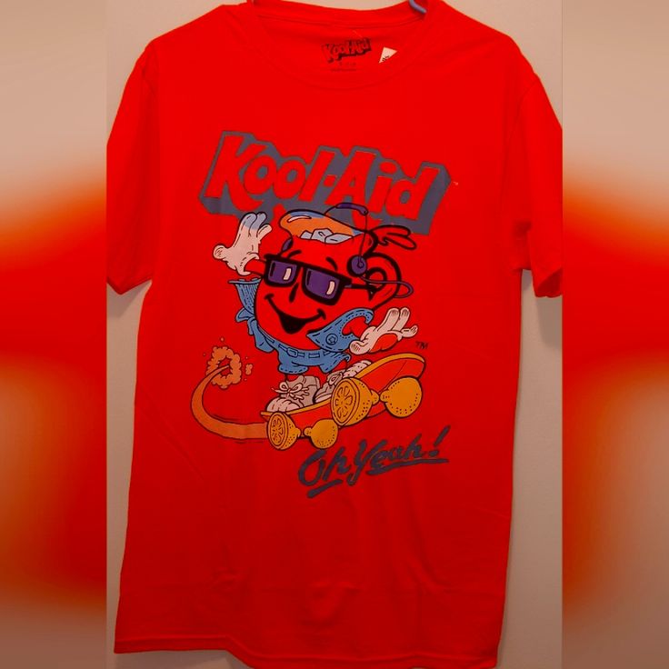 Kool-Aid "Oh Yeah" Tee Shirt Small Red Casual Top With Funny Print, Casual Red Top With Funny Print, Casual Printed Shirt For Fan Merchandise, Casual Graphic Print Shirt, Casual Short Sleeve Shirt With Front Print, Red Shirt With Funny Print And Relaxed Fit, Red Shirt With Funny Print Relaxed Fit, Casual Pre-shrunk Shirt For Fan Merchandise, Red Relaxed Fit Shirt With Funny Print