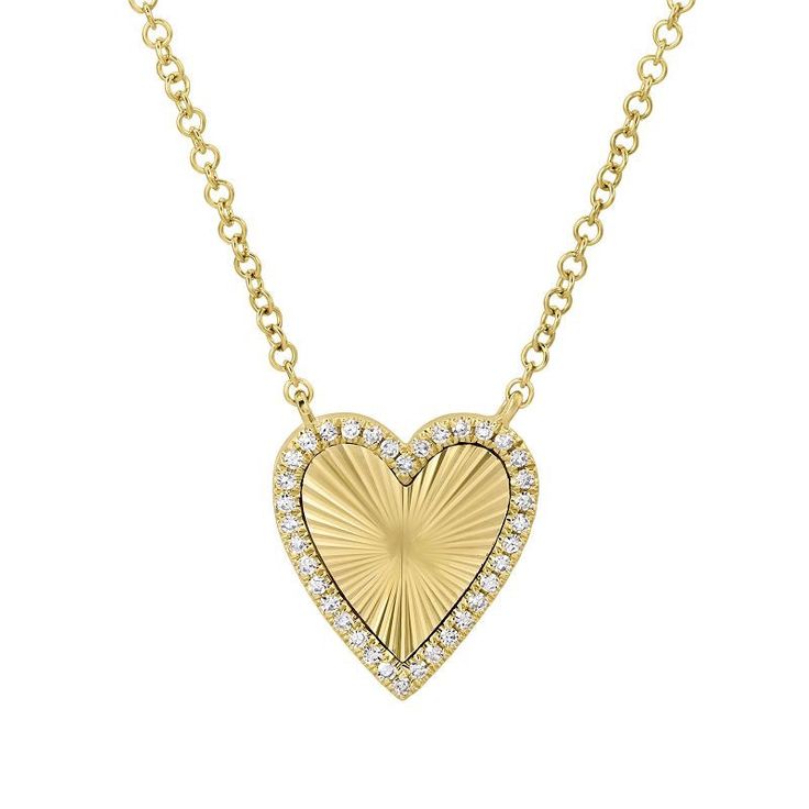 Small Gold Fluted and Diamond Heart Necklace Heart Diamond Necklace, Diamond Outline, Diamond Heart Necklace, Heart Necklace Diamond, Tarnished Silver, Heart Diamond, Diamond Chain, Yellow Gold Chain, Watch Necklace