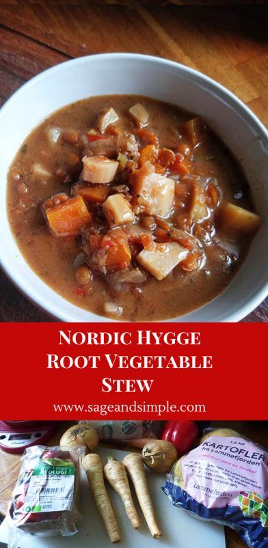 a bowl of soup with potatoes and carrots in it on a cutting board next to other foods