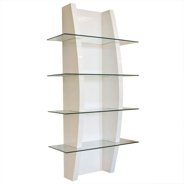 a white shelf with three glass shelves on each side and one empty shelf in the middle