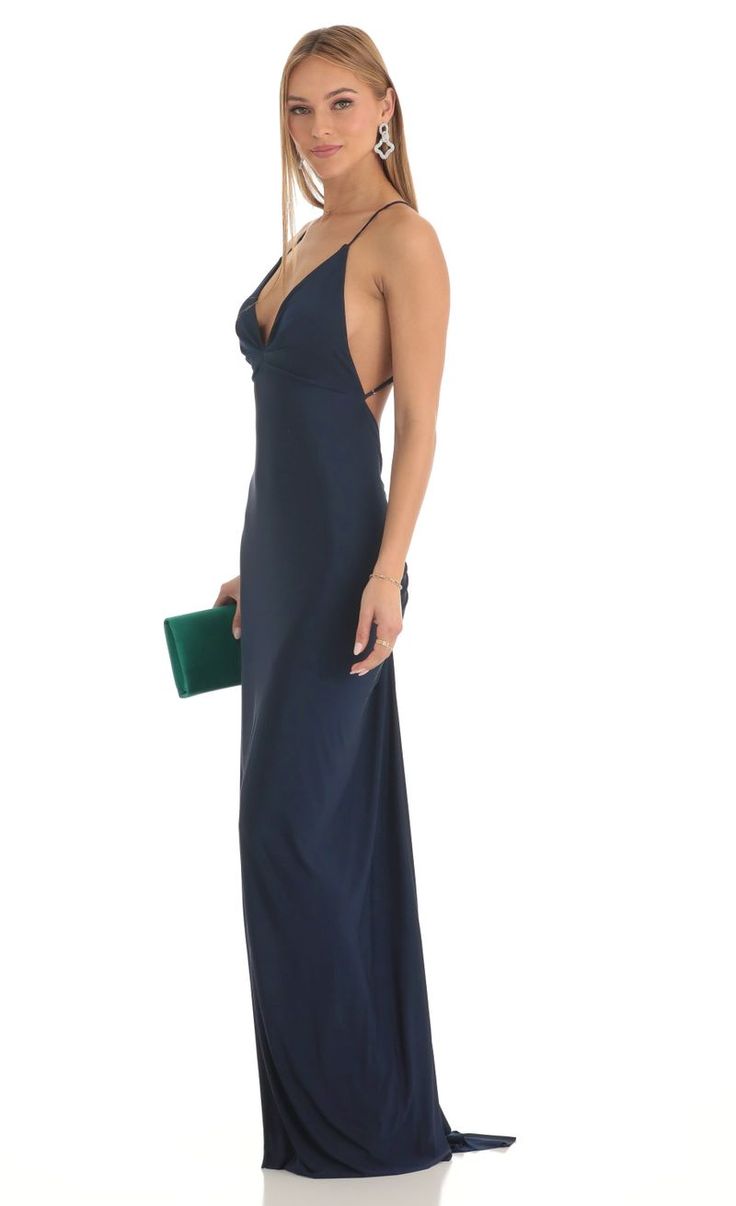 Ladie Gathered Cross Back Maxi Dress in Navy | LUCY IN THE SKY Maxi Dress With Train, Navy Blue Prom Dresses Long, Blue Ball Dresses, Navy Satin Dress, Blue Wedding Guest Dresses, Navy Long Dress, Navy Blue Formal Dress, Navy Blue Prom Dress, Navy Prom Dresses