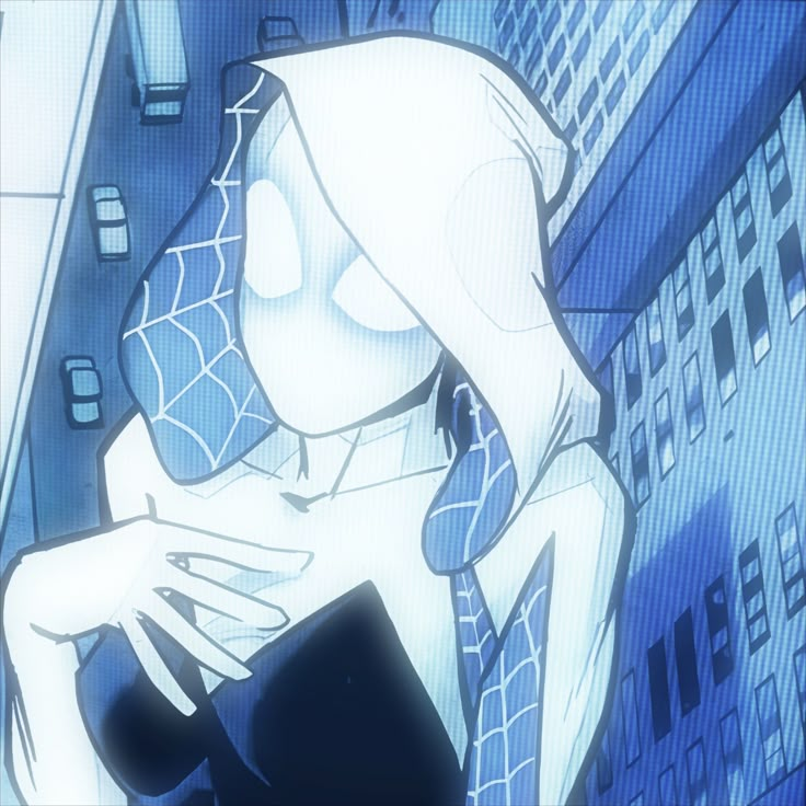 an animated image of a woman sitting in front of a cityscape with her hands on her chest