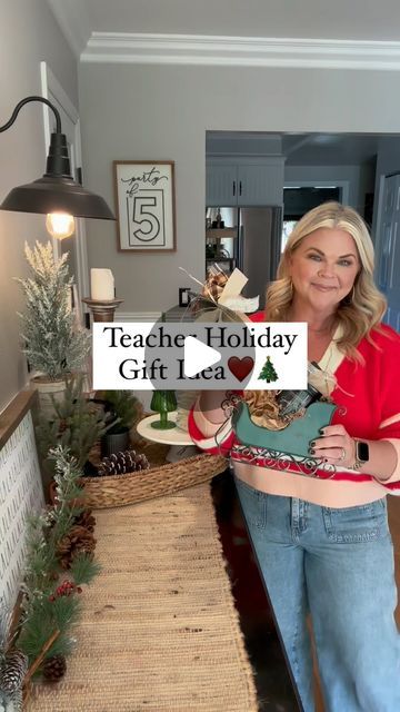 a woman standing in front of a kitchen counter with a sign that says teach holiday gift idea