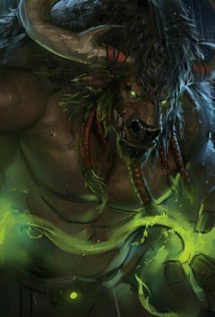 an image of a demon with horns on his head and green eyes in the rain