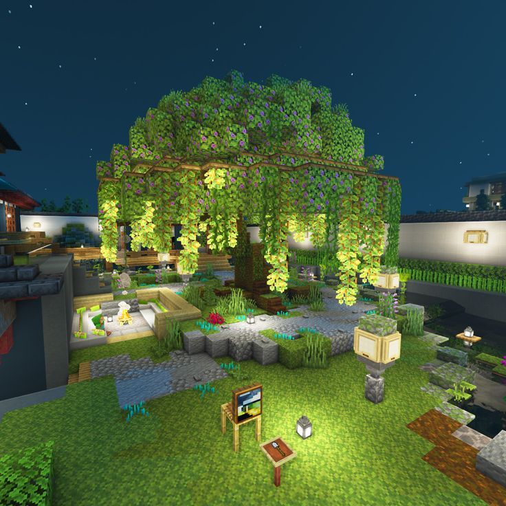 Minecraft Garden Inspiration, Overgrown Enchantment Area Minecraft, Floating Enchantment Table Minecraft, Bamboo Garden Minecraft, Minecraft Lawn Ideas, Bridgerton Minecraft, Minecraft Inspo Cute, Minecraft Genshin Impact Builds, Minecraft Zoo Ideas Layout