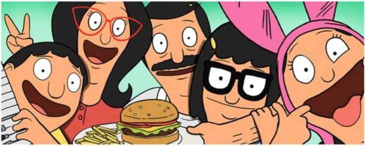 cartoon characters posing for a picture with a hamburger