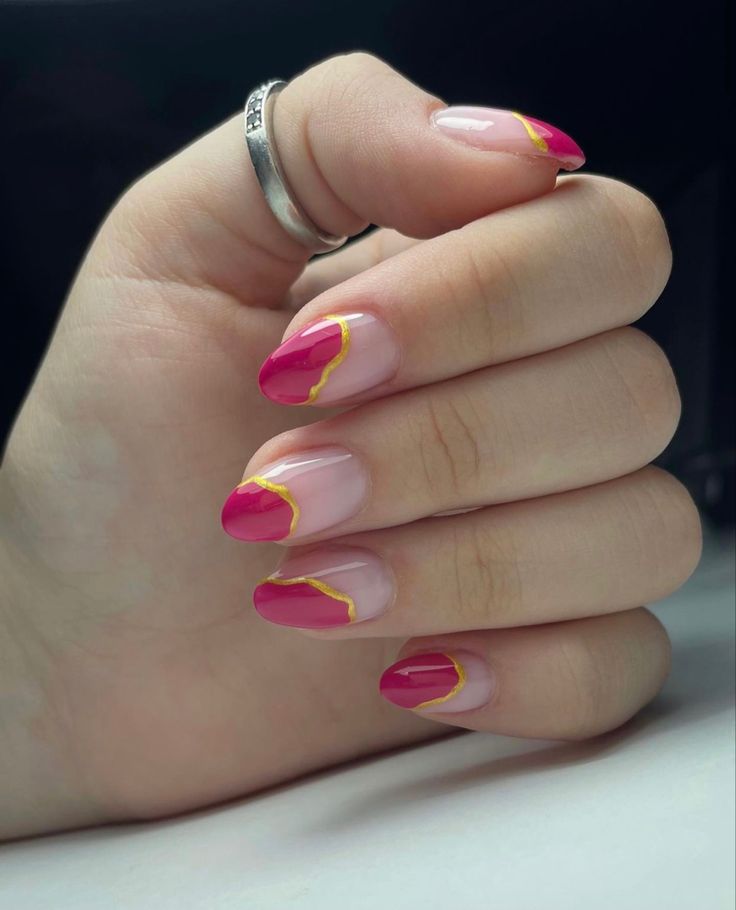 Red Pink And Gold Nails, Pink And Gold Short Nails, Gold And Hot Pink Nails, Hot Pink Wedding Nails, Hot Pink And Gold Nails, Gold And Pink Nails, Gold Nails French, Pink And Gold Nails, Gold Inspo