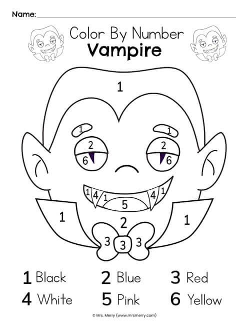 the color by number vampire for kids to learn how to draw and paint with numbers