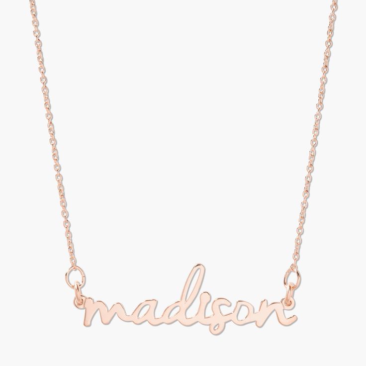 Play the namegame. We updated the classic nameplate with a petite design a fun new font in all lowercase. Buy it for your BFF and make sure to get one for yourself too. Available in sterling silver, 18k gold or 18k rose gold plated sterling silver Nameplate size: 1/4" tall, length varies 16" cable chain with 2" extender Spring ring closure This is a lowercase only font, uppercase letters entered will be produced as lowercase SHIPPING NOTE ﻿- This custom item takes 3-5 business days to produce fr Customizable Sterling Silver Rose Gold Jewelry, Customizable Rose Gold Sterling Silver Jewelry, Signature Sterling Silver Name Jewelry, Signature Sterling Silver Jewelry With Name, Personalized Sterling Silver Signature Jewelry, Personalized Rose Gold Sterling Silver Jewelry, Classic Rose Gold Initial Pendant Name Necklace, 14k Rose Gold Initials Name Necklace, Sterling Silver Name Necklace In Rose Gold