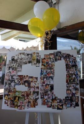 a collage of photos is displayed on a easel with balloons in the background