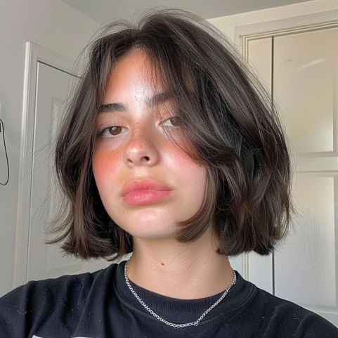 French Bob And Bangs, Casual Bob Haircut, Bob With Blonde Underneath, Short Hair Bob Styles With Bangs, Two Tone Bob Hairstyles, Curtain Bangs Straight Short Hair, Bob Hairstyle Aesthetic, Brunette Long Bob With Curtain Bangs, Short Jawline Haircuts