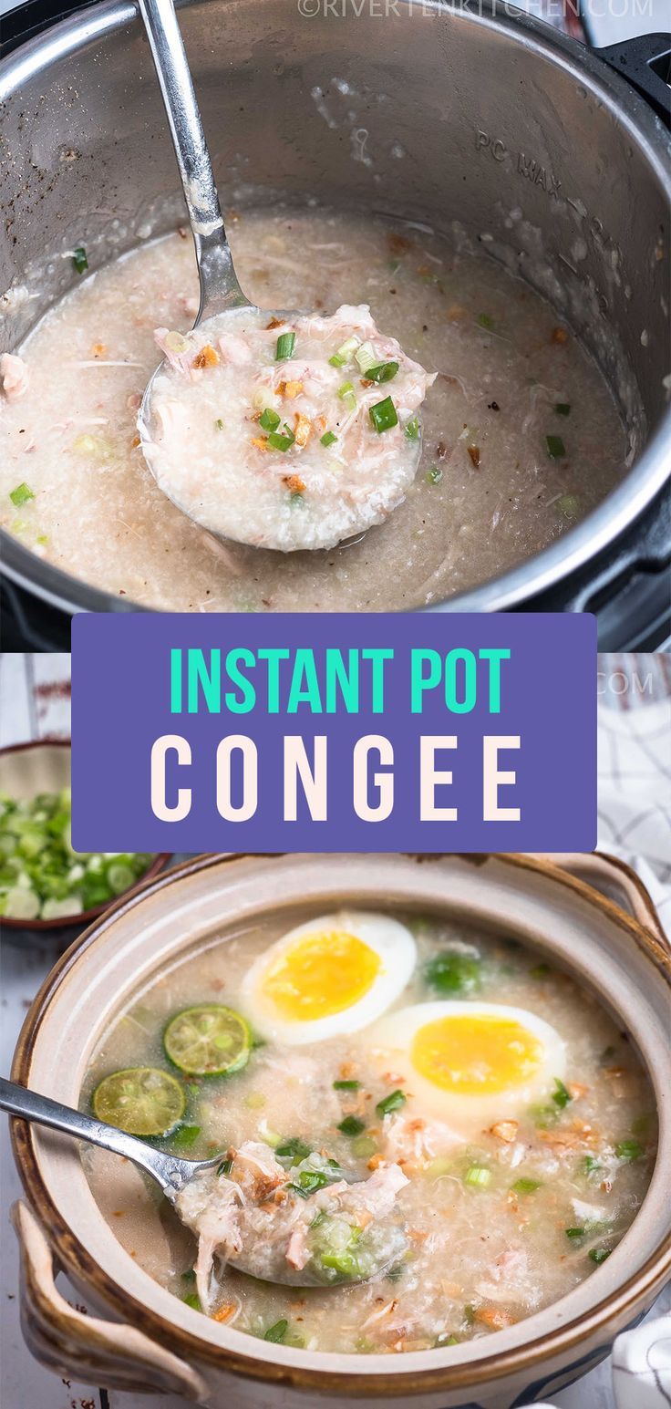 Rice porridge with chicken cooked in a Instant Pot pressure cooker. Topped with eggs and scallions. Congee Recipe Vegetarian, Pork Congee Recipe, Instant Pot Congee, Arroz Caldo Recipe, Chicken Congee, Caldo Recipe, Perfect Rice, Porridge Recipes, Rice Porridge