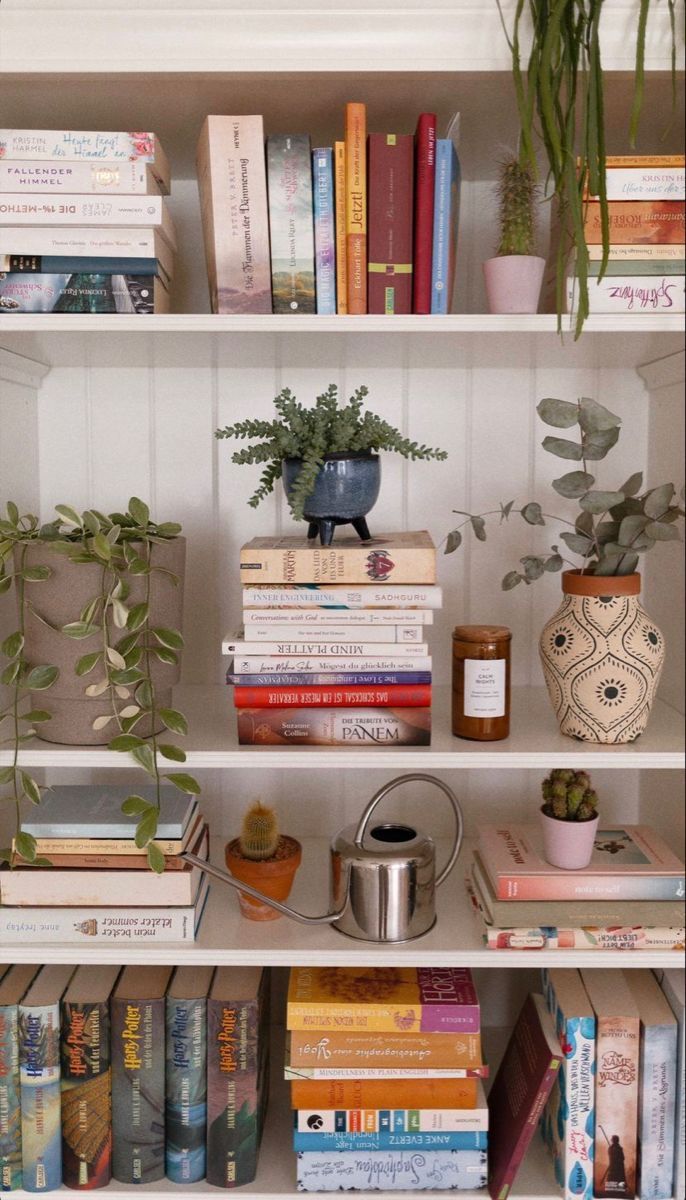 a bookshelf filled with lots of books and plants