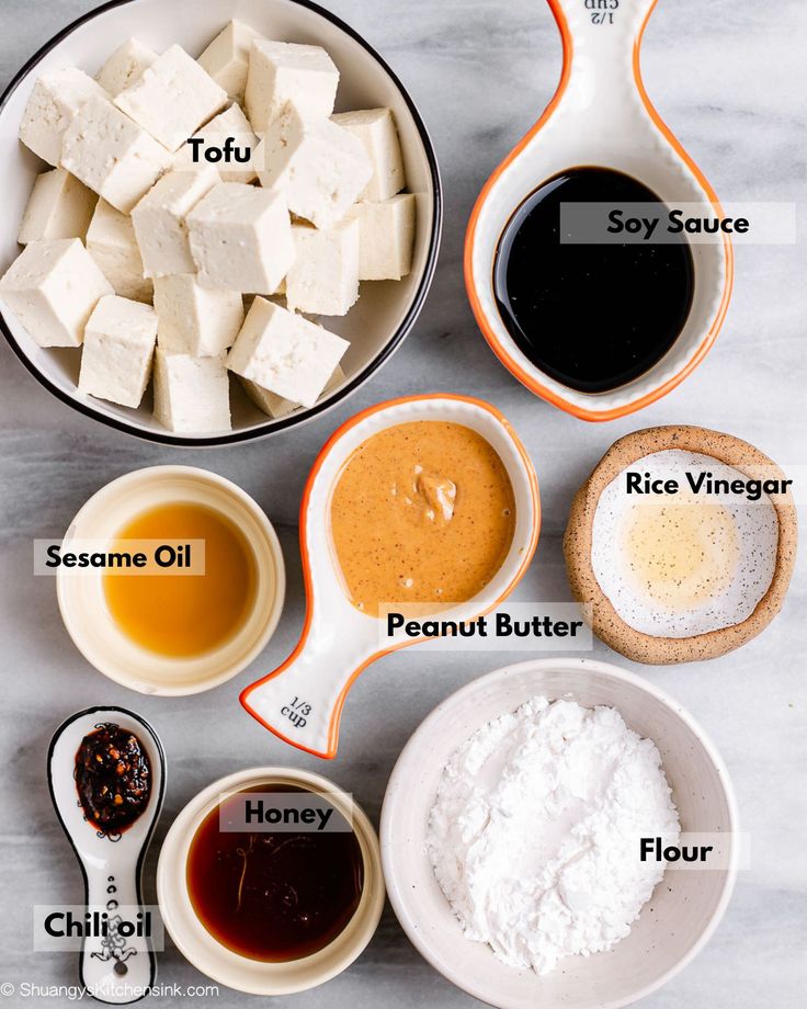 the ingredients for tofu are shown in bowls