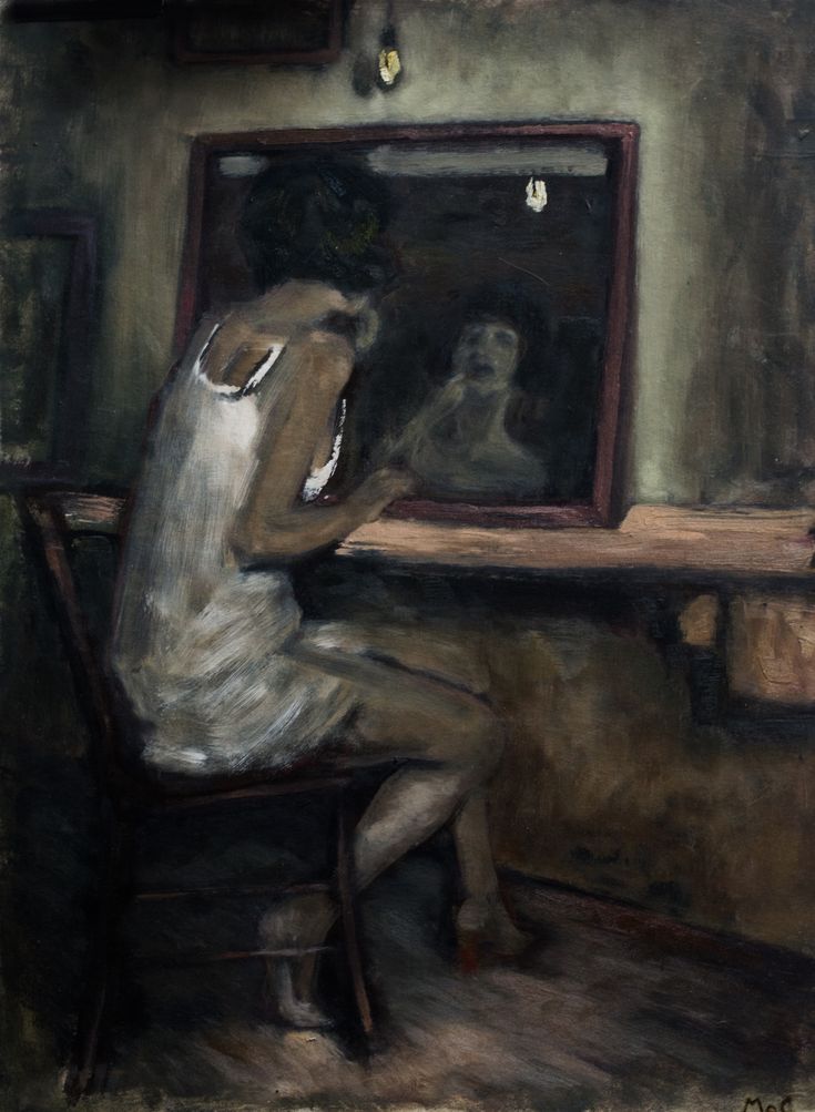 a painting of a woman sitting in front of a mirror