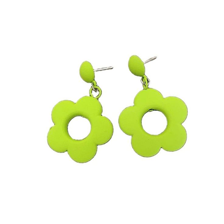 pair of neon green flower shaped earrings on white background with clipping for ear hooks