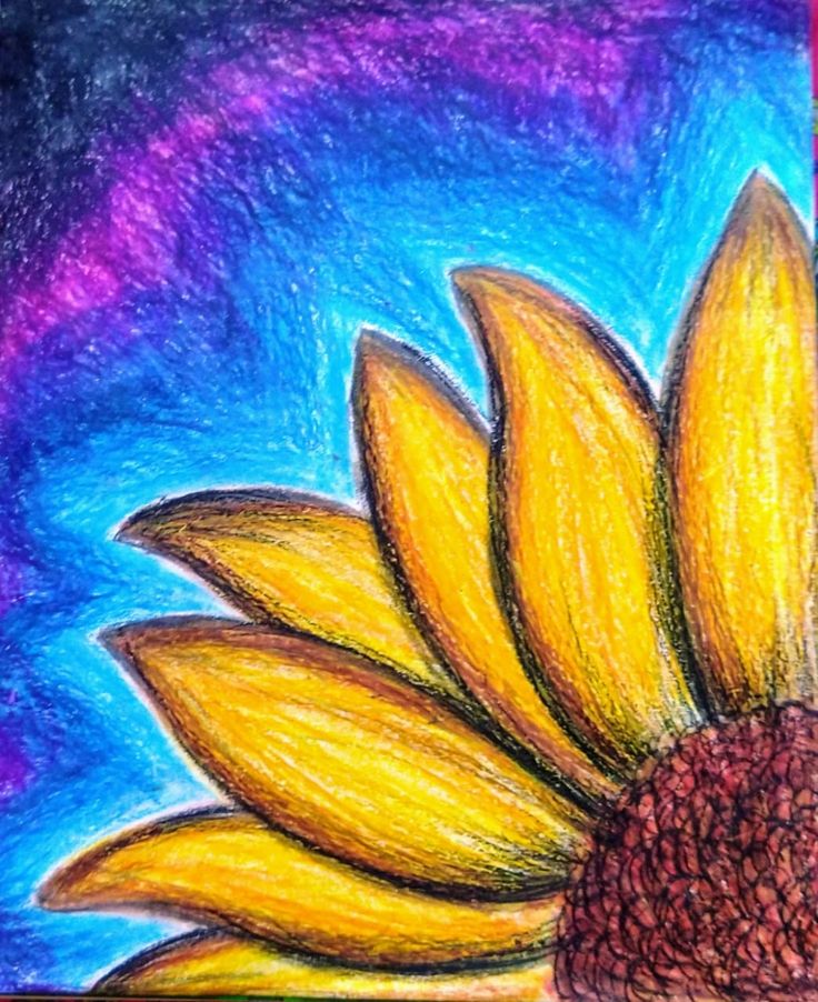 a drawing of a yellow sunflower with blue sky in the background