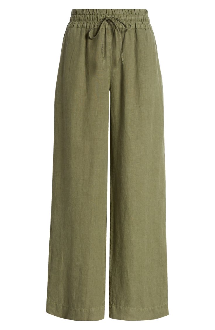 Crafted from lightweight linen, these tie-waist pants feature breezy wide legs for vacation-ready vibes. 30 1/2" inseam; 22" leg opening; 11 1/2" front rise; 17" back rise (size Medium) Elastic/drawstring waist Side-seam pockets 100% linen Machine wash, line dry Imported Linen Bottoms With Tie Waist For Work, Linen Tie Waist Pants For Work, Workwear Linen Pants With Tie Waist, Linen Bottoms With Tie Waist, Linen Straight Pants With Tie Waist, Green Linen Beach Pants, Versatile Linen Wide Leg Beach Pants, Linen Bottoms With Tie Waist And Straight Leg, Linen Trousers With Tie Waist