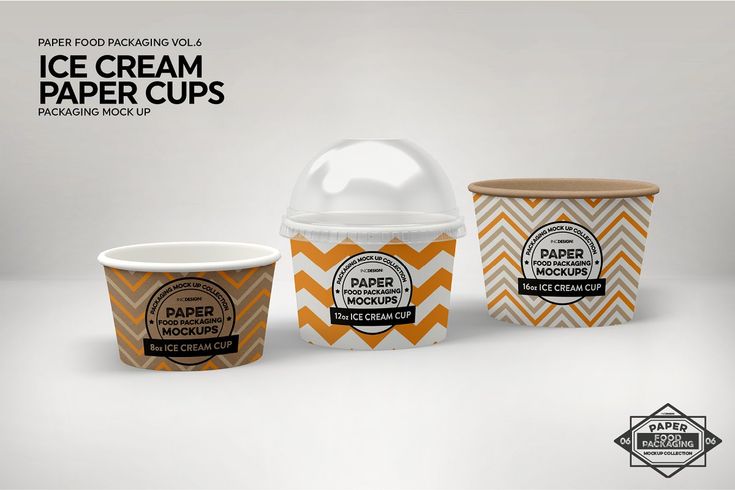 three ice cream cups are shown on a white background with an orange chevron pattern