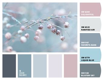 the color scheme is blue, grey and pink with white berries on it's branches