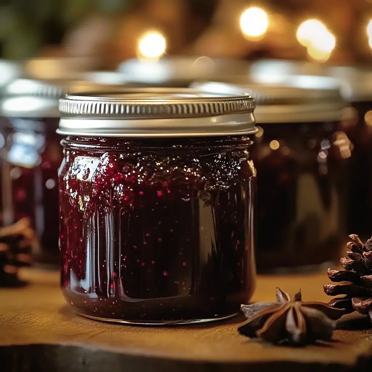 several jars filled with jam sitting on top of a wooden table next to pine cones