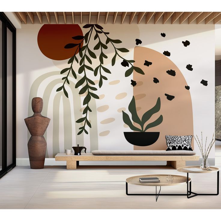 a living room with an artistic wall mural