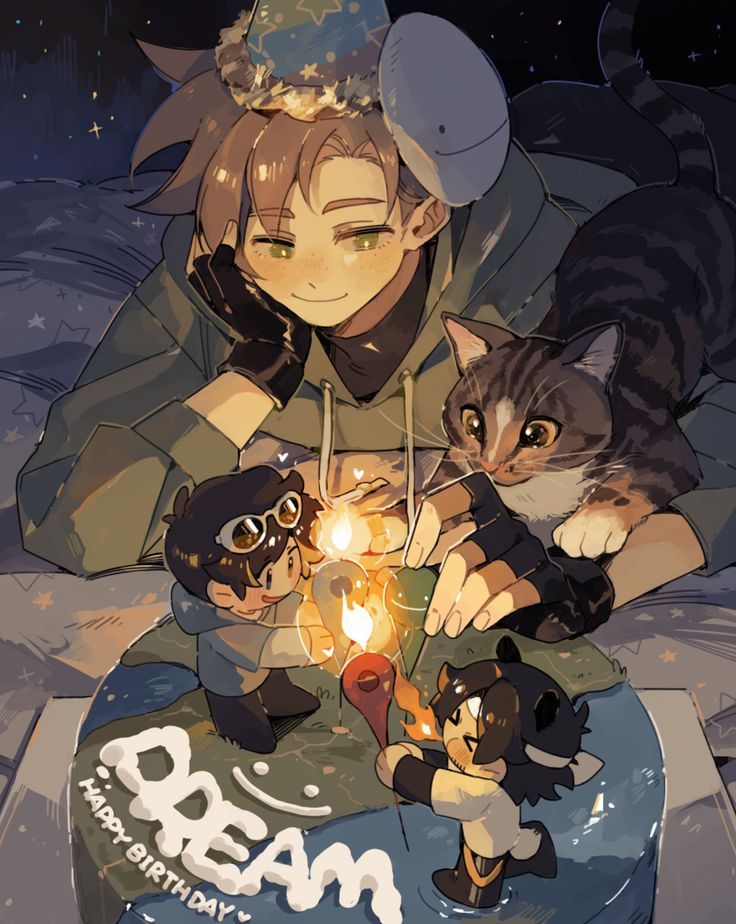 a person sitting in front of a cake with cats on it and one cat is holding a lit candle