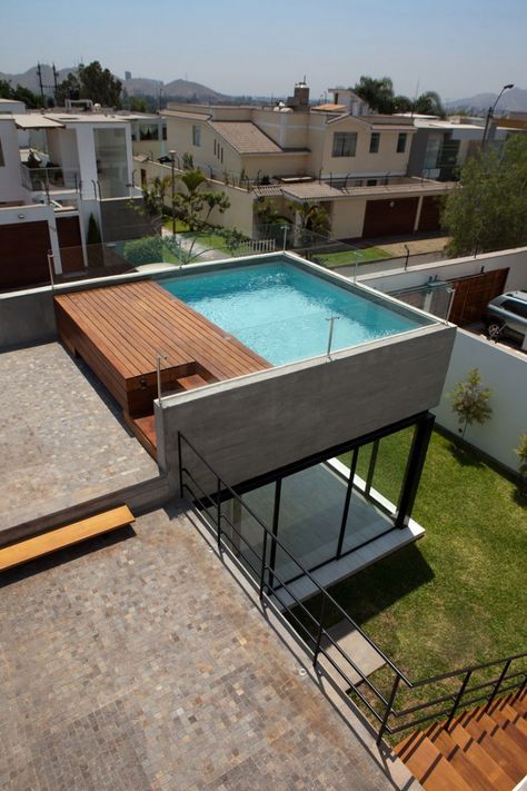 an aerial view of a house with a swimming pool