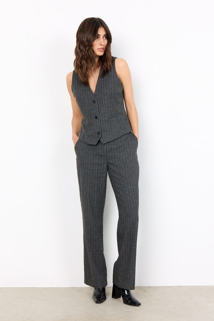 Victoria grey pinstripe waistcoat from Soya Concept. Complete the set with matching tailored trousers or dress it up with a slip skirt. Chic Pinstripe Suits For Office, Classic Gray Vest For Work, Gray Three-piece Suit For Work, Fitted Pinstripe Three-piece Suit For Work, Spring Pinstripe Suits For Work, Tailored Sleeveless Pinstripe Vest, Pinstripe Tailored Sleeveless Vest, Tailored Pinstripe Sleeveless Vest, Tailored Striped Three-piece Suit For Work