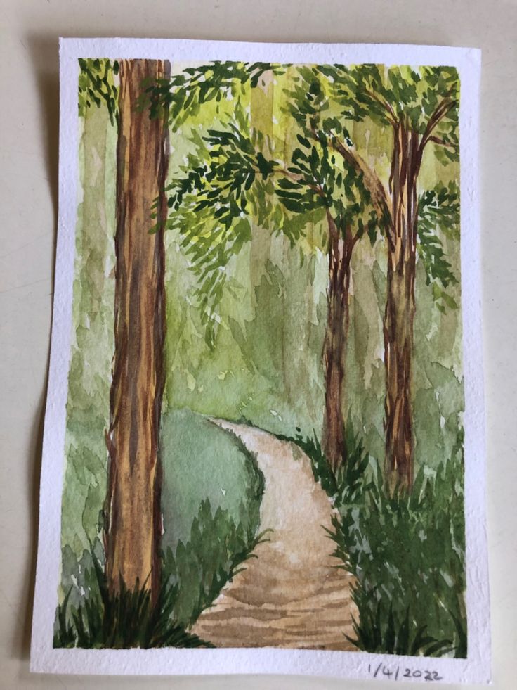 a watercolor painting of a path in the woods