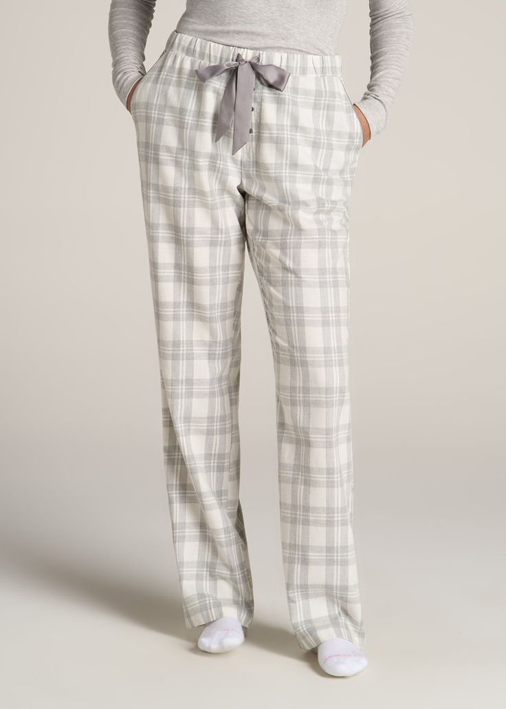 American-Tall-Women-Tie-Waist-Open-Bottom-Flannel-PJ-Pants-Heather-Grey-White-Plaid-front Pajamas Women Comfy, Sleepover Supplies, White Pajama Pants, Womens Pj Pants, Pjs Pants, Winter Pjs, Flannel Pj Pants, Pajamas Aesthetic, Long Pajama Pants